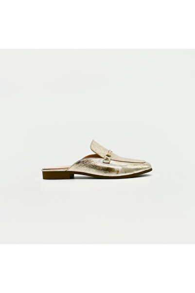 Folle Altın Renk Hakiki Deri Düz Terlik – Metal Tokalı Loafer Model