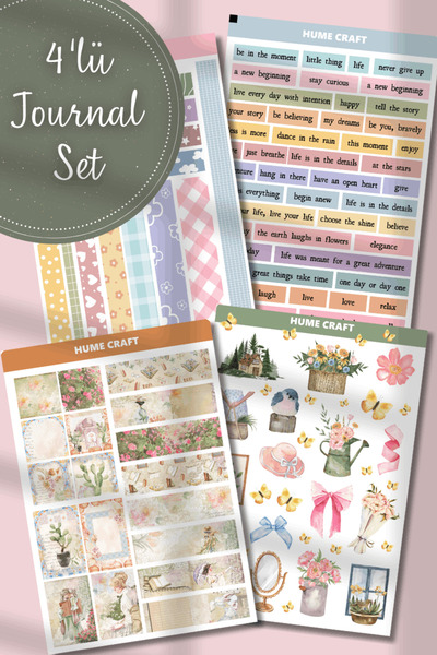 Hume Craft 4 Sayfa Soft ve Vintage Temalı Sticker Seti /Bullet Journal / Scra...