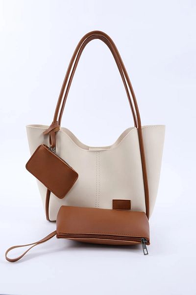 LİZZY BAG Стилна дамска чанта за през рамо с тик-так копчета, кремава и кафява, с портфейл и чантичка за гримове, Д: 25, Е: 38, Ш: 15