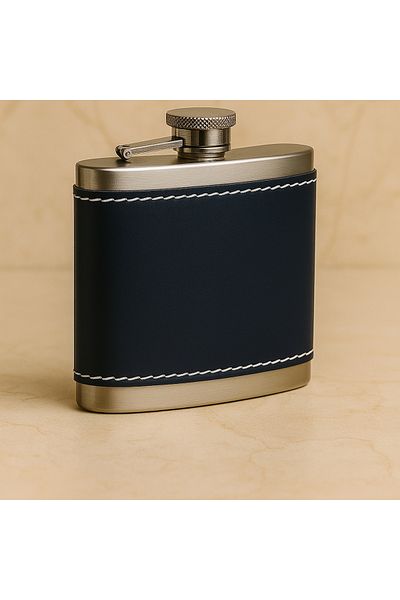 PERLOTUS 5 Oz 150 cc Dark Blue Leather Covered Pocket Type Steel Whiskey Flask and Gold Whiskey Glass