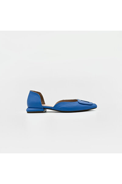 Folle Blue Leather Flat Heeled Women's Ballerina Shoes with Buckle Detail