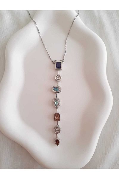 bijoux uniques Steel Silver 7 Element Stone Y Necklace