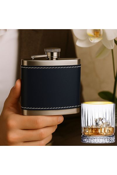 PERLOTUS 5 Oz 150 cc Dark Blue Leather Covered Pocket Type Steel Whiskey Flask and Gold Whiskey Glass