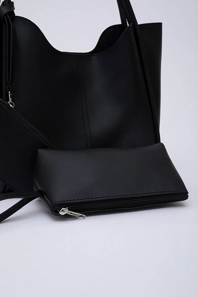 LİZZY BAG Geantă de mână și de umăr pentru femei, neagră, elegantă și funcțională, cu portofel și geantă de machiaj U:25 E:38 L:15