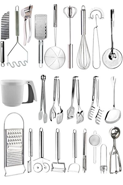 Mirilliahome مجموعة مبشرة ومساعدات المطبخ من الفولاذ المقاوم للصدأ مكونة من 24 قطعة - مضرب، ملقط، مقشرة، مطحنة