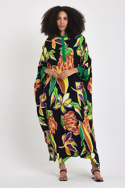 bacc Rochie țesătă lungă, neagră, cu guler de judecător, cu modele florale, Bcvl-24969