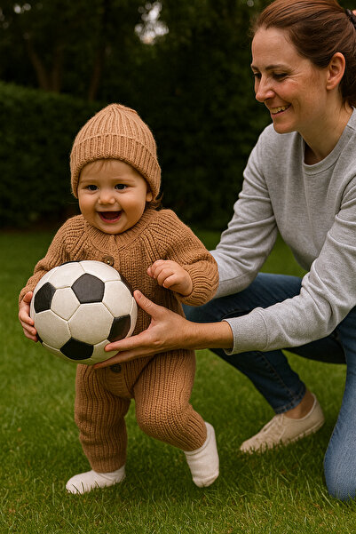 Nimini Kids Ahşap Düğme Detaylı Kışlık Unisex Bereli Triko Bebek Tulumu