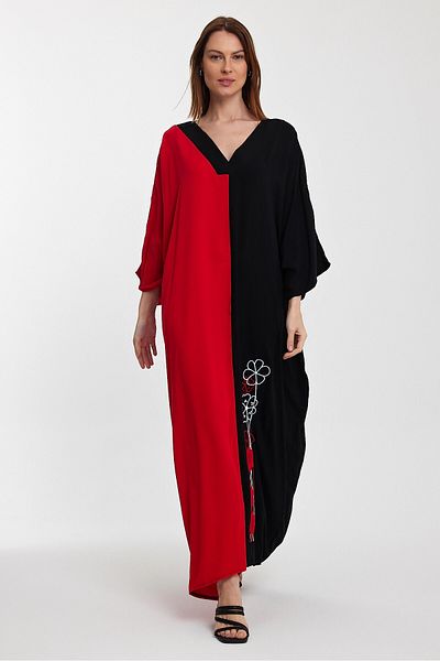 bacc Women's Red V-Neck Embroidery Embroidered Color Block Long Length Shirt Dress Bcvl-24958