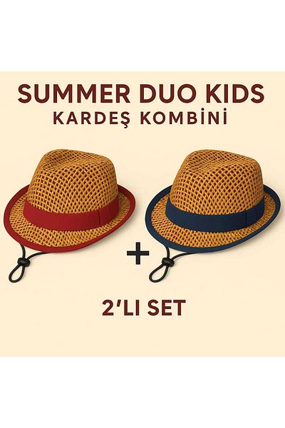 Avantaj Kapıda Kardeş Kombini Set 2 Li Summer Duo Kids Summer Straw Children's Hat |   Non-Sweating Beach/Picnic 3-10 Years