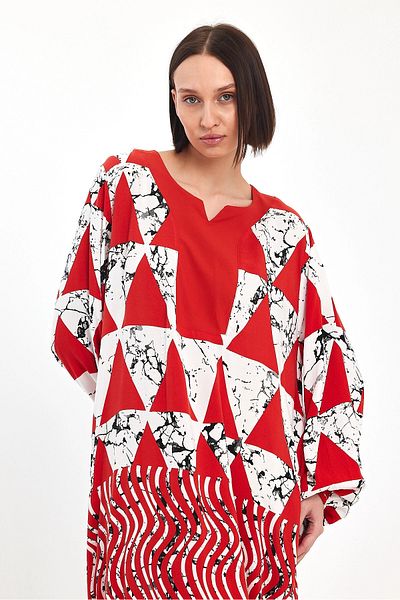 bacc Women's Red Geometric Patterned Crew Neck Long Length Loose Cut Woven Dress Bcvl- 241058