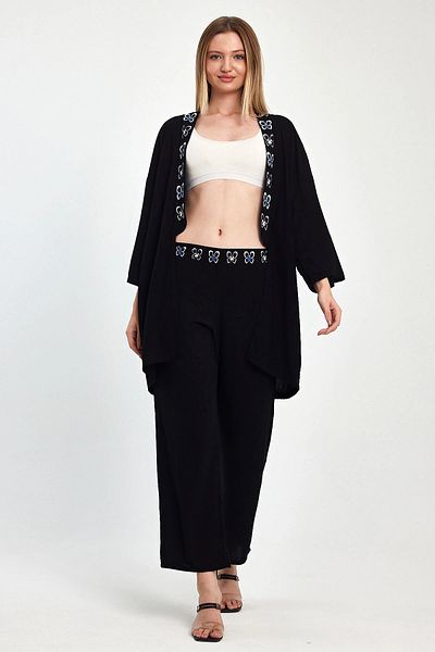 bacc Maxi Size Black Blue Embroidery Embroidered Jacket and Trousers Woven Viscon Bottom Top Set Bcvl-251056