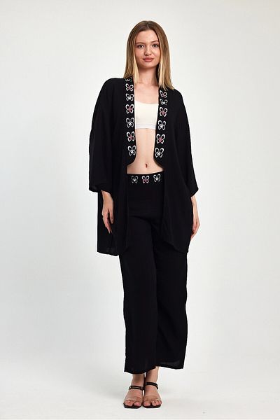 bacc Maxi Size Black Fuchsia Embroidery Embroidered Jacket and Trousers Woven Viscon Bottom Top Set Bcvl-251056