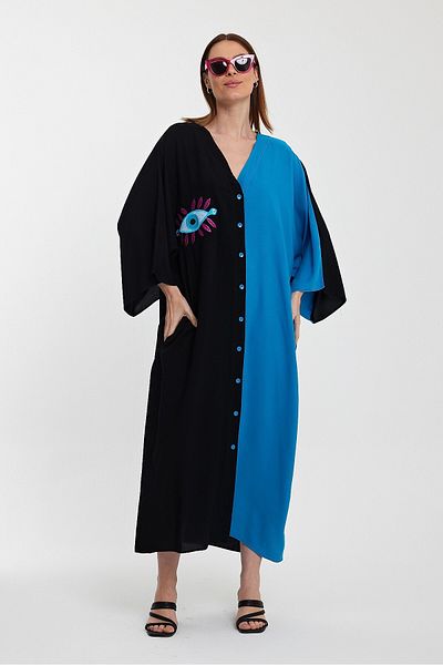 bacc Black V-Neck Embroidered Long Shirt Dress - Color Block, Bcvl-24990