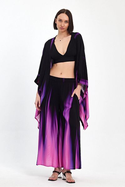 bacc Pantaloni cu model mov degradat și costum de sus țesut kimono pentru femei Bcvl-24975