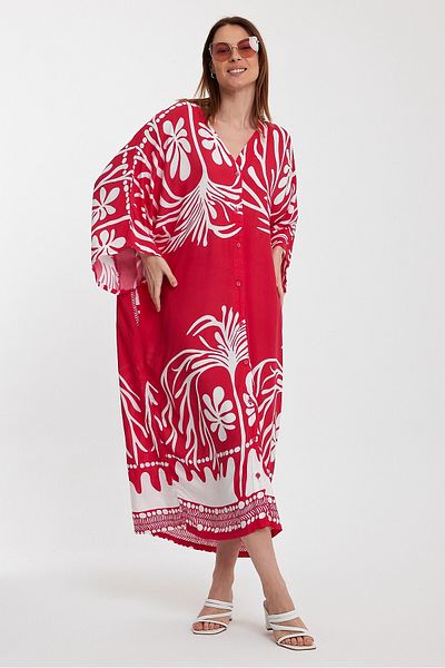 bacc Women's Red V-Neck Patterned Long Length Woven Shirt Dress Bcvl-24965