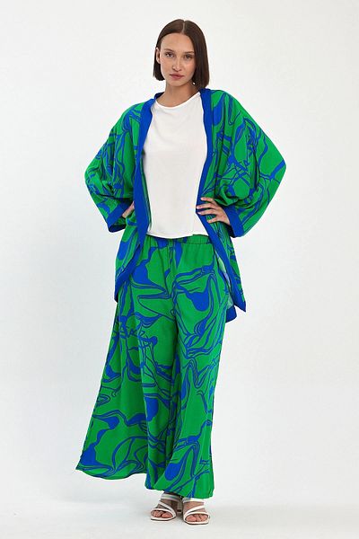 bacc Maxi Size Green Printed Kimono and Trousers Woven Viscon Bottom Top Set Bcvl-251068