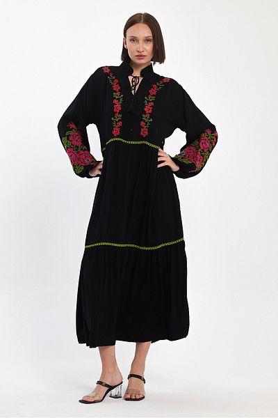 bacc Maxi Size Black Embroidery Embroidered Woven Viscon Dress Bcvl-25967
