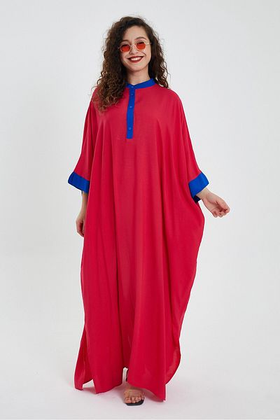 bacc Women's Red Color Blocked Long Length Loose Woven Dress Bcvl-24949