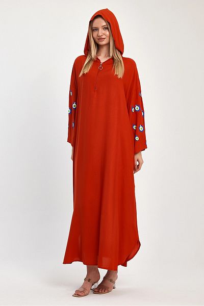 bacc Maxi Size Red Hooded Embroidery Embroidered Knitted Viscon Dress Bcvl-25981