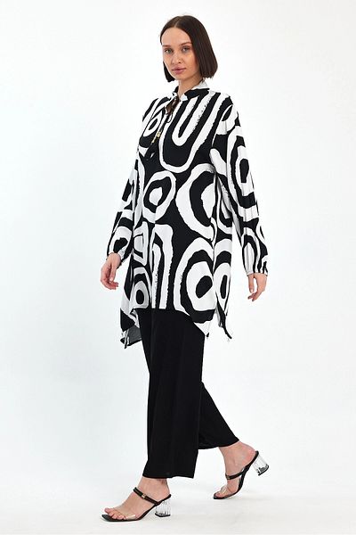 bacc Women's Black and White Geometric Patterned Trousers and Long Tunic Bottom Top Set Bcvl- 241017