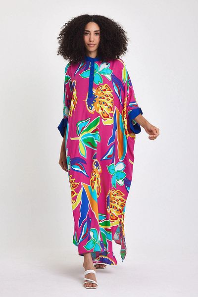 bacc Women's Fuchsia Judge Collar Floral Patterned Long Length Woven Dress Bcvl-24969