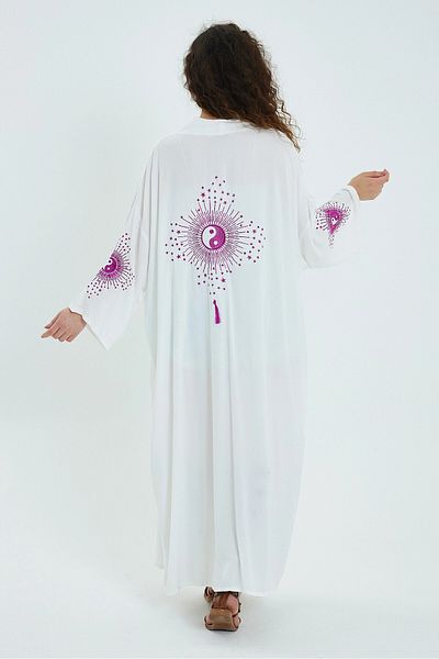 bacc White Embroidered Long Kimono Jacket - Belted, Women, Bcvl-24911
