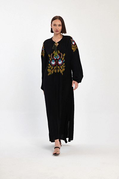 bacc Rochie neagră de damă, broderie cu șireturi, lungime lungă, țesută Bcvl-24939