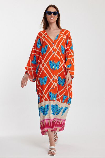 bacc Women's Orange V-Neck Floral Patterned Long Length Woven Shirt Dress Bcvl- 241032