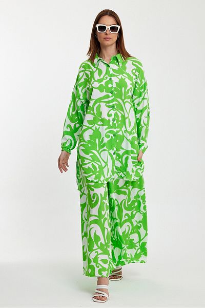 bacc Women's Green Floral Patterned Shirt and Trousers Woven Bottom Top Set Bcvl- 248223