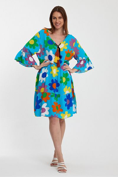 bacc Blue Floral Patterned Crew Neck Women's Dress - Bcvl-245490