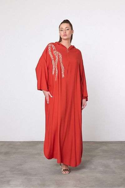 bacc Women's Red Embroidery Embroidered Maxi Size Knitted Viscon Dress Bcvl-25V037