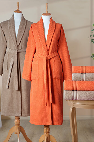Ellaline 6 Piece Striped Bathrobe Set 100% Cotton Certified, Şalyaka Family Dowry Bathrobe Set Brown Orange