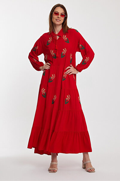 bacc Red Embroidered Long Length Women's Dress - Lace-up Collar and Layer Flounce Bcvl-24926
