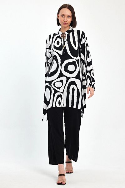 bacc Women's Black and White Geometric Patterned Trousers and Long Tunic Bottom Top Set Bcvl- 241017