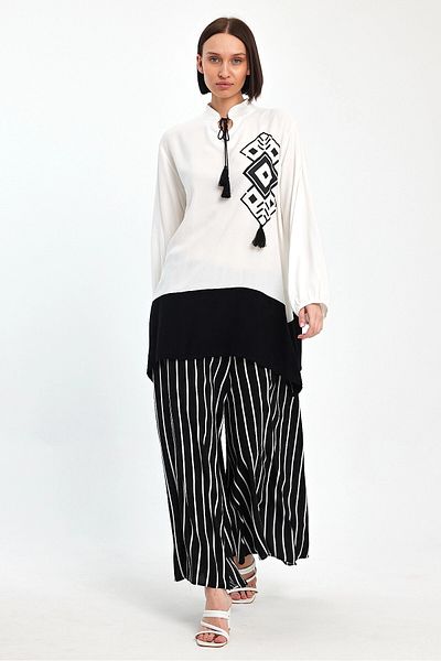 bacc Women's Black Color Blocked Striped Trousers and Long Tunic Bottom Top Set Bcvl- 241021