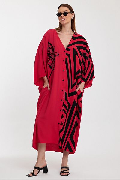 bacc Women's Red Embroidered Color Blocked Long Length Woven Dress Bcvl- 241016
