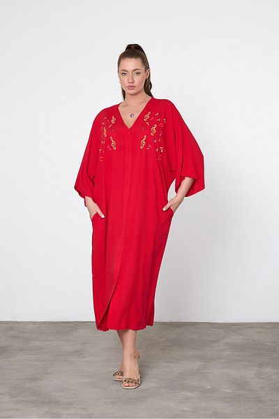 bacc Maxi Size Red Embroidery Embroidered Woven Viscon Dress Bcvl-25V040
