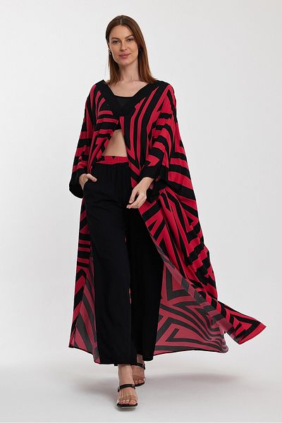 bacc Women's Red Geometric Patterned Trousers and Long Kimono Jacket Bottom Top Suit Bcvl- 241015