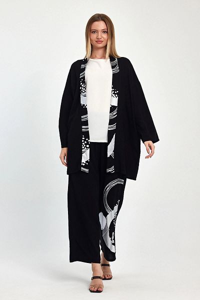 bacc Maxi Size Black and White Printed Kimono and Trousers Woven Viscon Bottom Top Set Bcvl-251084
