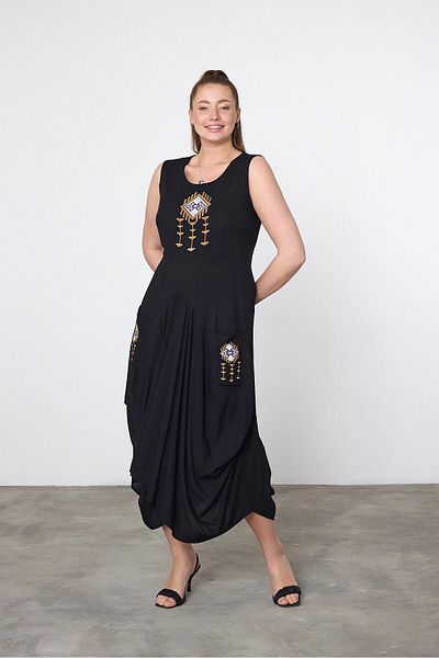 bacc Maxi Size Black Embroidery Embroidered Knitted Viscon Dress Bcvl-25V035