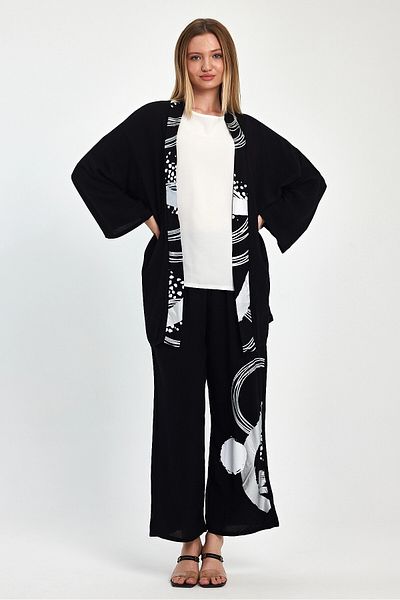 bacc Maxi Size Black and White Printed Kimono and Trousers Woven Viscon Bottom Top Set Bcvl-251084