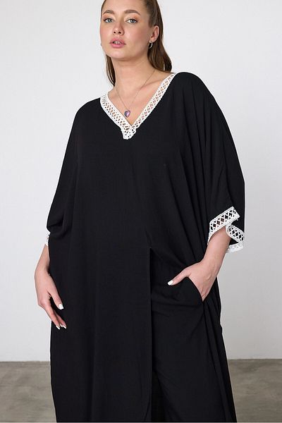 bacc Φόρεμα Maxi Size Μαύρο Κέντημα Κεντημένο με λαιμόκοψη V υφαντό φόρεμα Bcvl-251054