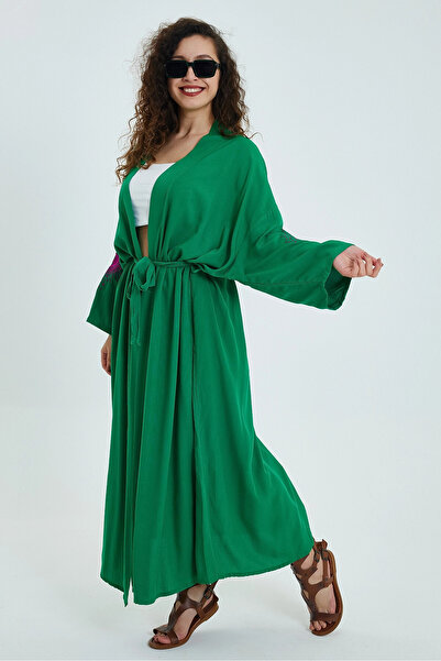 bacc Green Embroidered Belted Long Kimono Jacket - Women's Bcvl-24911