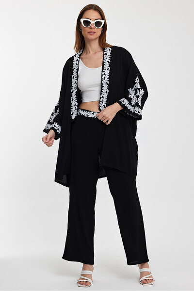bacc Women's Black Embroidered Bottom Top Kimono Pants Suit Bcvl-24950