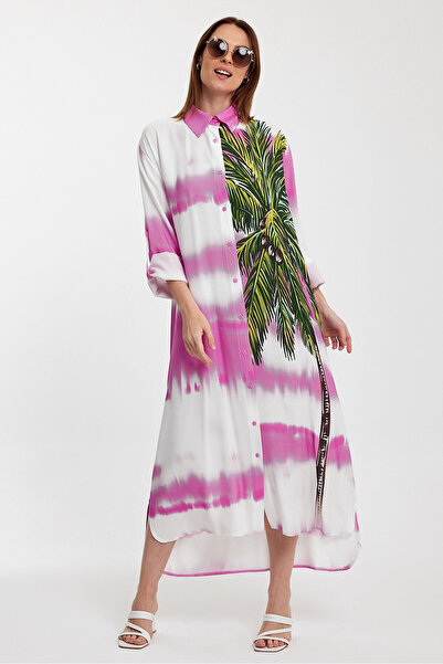 bacc Women's Pink Floral Patterned Gradient Long Length Woven Shirt Dress Bcvl-24987