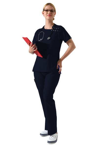 BEDUCA طقم ملابس للكشف عن الرقبة من الليكرا باللون الأزرق الداكن، ملابس مهنية...