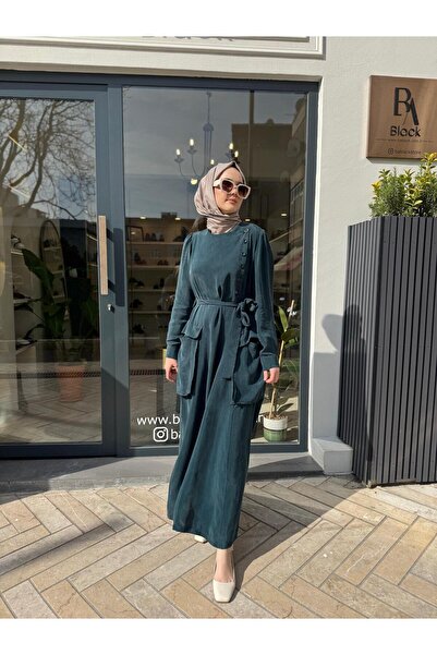 MissWhence Buttoned Pocket Women's Cupro Dress Emerald Green