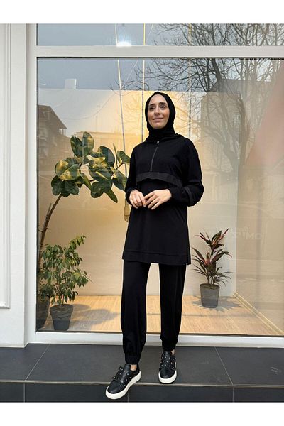 Almarwah Black Stone Detailed Zippered Basic Women's Suit Black