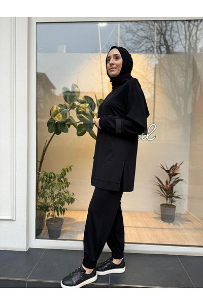 Almarwah Black Stone Detailed Zippered Basic Women's Suit Black