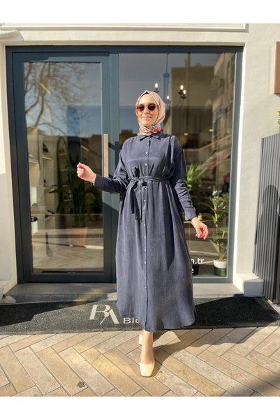 Babil Butik Taşlanmış Kadın Gömlek Elbise Lacivert